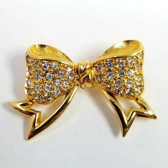 Vintage Rhinestone Encrusted Bow Shape Brooch Gold Tone Lapel Pin, Festive - Picture 1 of 6